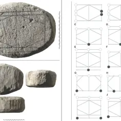 Kamienne artefakty, jeden z rytami, przypominają kształtem dysk. Obok schematy z kropkami, jakby instrukcja do budowy golema.