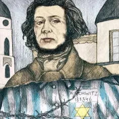 Portret wieszcza w pasiastej koszuli z numerem obozu Auschwitz i gwiazdą Dawida, na tle budynków.