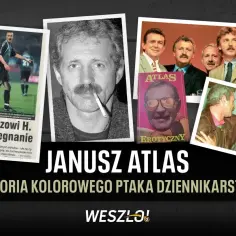Janusz Atlas, postać o wyrazistych cechach legendy polskiego dziennikarstwa sportowego. Na zdjęciach widzimy go w różnych odsłonach: jako piłkarza, z papierosem w ustach, na okładce książki, a także w towarzystwie innych znanych postaci.