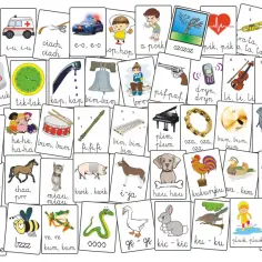 Karty edukacyjne z dźwiękami: brum, dzyń, ho-ho-ho, puk, tik-tak, kap, bim-bam, puf-puf, e-e-e, he-he, ha-ha, bum, fi-fi, miau, kwik, auuu, i-ja, hau, kukuryku, beee, hu-hu, miau, kle-kle, bzzz, re, kum, ge-ge, kic-kic, ku-ku, plusk, jach, gul.