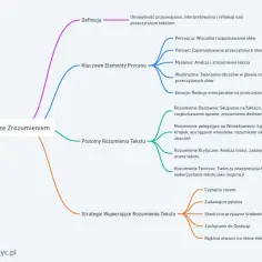 Mapa myśli o czytaniu ze zrozumieniem: definicja, kluczowe elementy procesu (percepcja, pamięć, myślenie, wyobraźnia, emocje), poziomy rozumienia (dosłowne, wnioskowanie, krytyczne, twórcze) i strategie wspierające. Zachowaj **decorum** podczas dyskusji.
