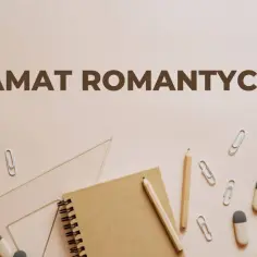 Narzędzia do pisania i rysowania, jak ołówki i linijka, otaczają napis "DRAMAT ROMANTYCZNY".