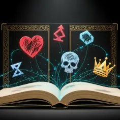 Otwarta księga z magicznymi symbolami: serce, czaszka, korona, klejnoty i runy. To jakby topos opowieści o potędze wiedzy.