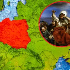 Mapa Europy z zaznaczoną Polską. W okręgu obraz przedstawiający proroka Wernyhorę w otoczeniu ludzi, zapowiadającego przyszłość.