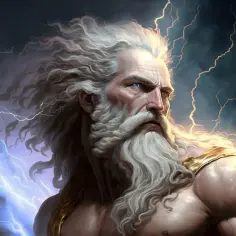 Potężny Zeus, władca bogów, z burzą błyskawic w tle. Jego biała broda i włosy rozwiewają się na wietrze, a niebieskie oczy emanują siłą.