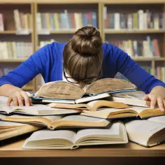 Kobieta z głową opartą o stos otwartych książek na tle bibliotecznych półek.