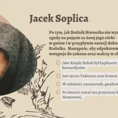 Jacek Soplica, w przypływie emocji, zabił Stolnika Horeszkę. Później wstąpił do zakonu jako Ksiądz Robak.