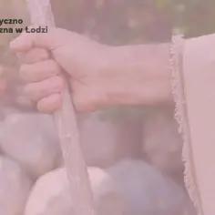 Dłoń trzymająca laskę, symbolizująca homo viator, w tle kamienie i logo Akademii Humanistyczno-Ekonomicznej w Łodzi.