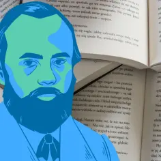 Portret mężczyzny na tle otwartej książki, nawiązujący do powieści Dostojewskiego.