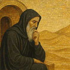Mnich w czarnej szacie, z brodą, siedzi zadumany. Pustynny krajobraz i łuk w tle. Pycha, co to za widok!
