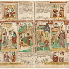 Biblia pauperum: sceny biblijne, w tym chrzest Jezusa i kuszenie na pustyni, ilustrujące historie zbawienia.