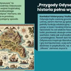 Mapa przedstawia podróż Odyseusza, pełną mitycznych stworzeń i wysp, odzwierciedlając jego odyseję.