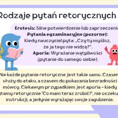 Ilustracja wyjaśnia rodzaje pytań retorycznych, w tym aporię, która wyraża wątpliwości.