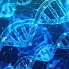 Błękitne, świetliste helisy DNA wirują w przestrzeni, symbolizując postęp w nauce i scjentyzm.