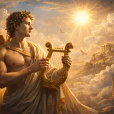 Młody Apollo z lirą i łukiem, otoczony chmurami i antycznymi budowlami, symbolizuje boski atrybut apolla.