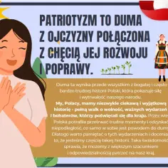 Patriotyzm to duma z Ojczyzny połączona z chęcią jej rozwoju i poprawy. Obrazek przedstawia ludzi w strojach ludowych i młode rośliny.