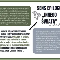 Epilog „Innego świata” ukazuje bohaterów w zderzeniu moralności obozowej i wolności. Pokazuje, że nawet w ekstremalnych warunkach, powrót do normalności wymaga odpowiedzialności.