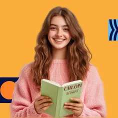 Uśmiechnięta dziewczyna w różowym swetrze czyta książkę "Chłopi". Motywy wiejskie w literaturze.