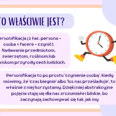 Biegający zegar ilustruje personifikację, czyli nadawanie cech ludzkich przedmiotom, zwierzętom czy zjawiskom.