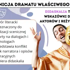 Definicja dramatu: utwór sceniczny, oparty na dialogach, przedstawiający konflikt. Didaskalia to wskazówki dla aktorów i reżysera.