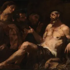 Hiob, cierpiący i otoczony przez przyjaciół, opowiada swoją historię. To streszczenie jego cierpień i wiary.
