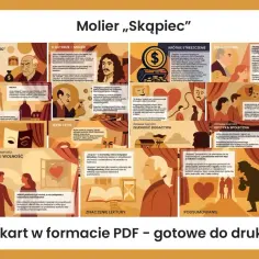 Postacie z "Skąpca" Moliera: Harpagon, chciwy ojciec, jego zakochani w sobie dzieci Eliza i Kleant, oraz Frozyna, przebiegła swatka.