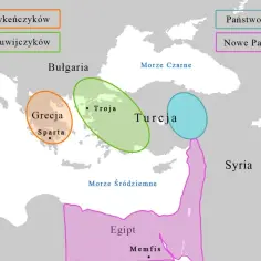 Mapa starożytnego świata z zaznaczonymi królestwami i cywilizacjami, w tym Troją, która była epicentrum wojny trojańskiej.