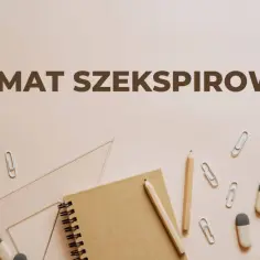 Na tle przyborów szkolnych widnieje napis "DRAMAT SZEKSPIROWSKI", sugerujący analizę jego cech.
