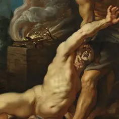 Kain w gniewie atakuje Abla. W tle płonie ołtarz, symbol ich ofiar.