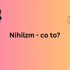 Czarna głowa z mózgiem i strzałką symbolizuje rozważania nad nihilizmem. Obok szkic Nietzschego.
