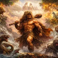 Herakles, z maczugą i lwią skórą na głowie, walczy z hydrą i lwami. W tle mityczne postacie i świątynia.