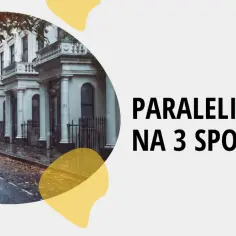 Rząd białych kamienic z kolumnami i samochodami na ulicy. Tekst: PARALELLIZM NA 3 SPOSOBY.