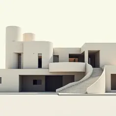 Nowoczesna willa w stylu konstruktywizm, z geometrycznymi bryłami, zaokrąglonymi elementami i imponującymi schodami.
