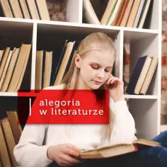Dziewczynka zamyślona nad książką, otoczona regałami pełnymi literatury. To obraz, który może symbolizować alegorię odkrywania głębszych znaczeń w czytaniu.