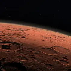 Czerwona planeta, Mars, nazwana na cześć rzymskiego boga wojny, z widocznymi kraterami i ciemnym, gwieździstym niebem.