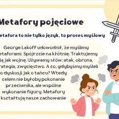 Metafory pojęciowe: kłótnia jako wojna, dyskusja jako taniec. Przenośnia kształtuje nasze myślenie i zachowanie.
