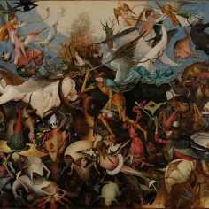 Chaos i walka aniołów z demonami. W centrum rycerz walczy z potworem, a w tle widać upadłego anioła wśród piekielnych stworzeń.