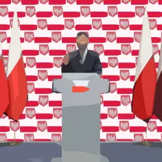 Mężczyzna przemawia za mównicą, otoczony polskimi flagami i symbolem orła. To scena pełna patriotyzmu.