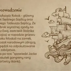 Przemiana Jacka Soplicy: od szlachcica do księdza Robaka, bohatera narodowego, który odpokutował za zabójstwo Stolnika Horeszki. Statek na wzburzonym morzu symbolizuje jego burzliwe losy.