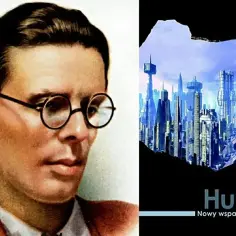 Aldous Huxley, autor antyutopii "Nowy wspaniały świat", na tle futurystycznego miasta.