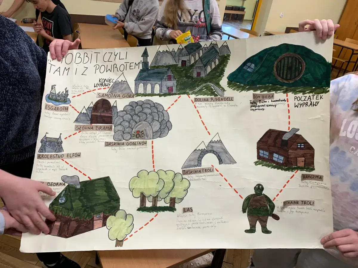 Hobbit streszczenie: mapa podróży Bilba i krasnoludów przez Samotną Górę, Dolinę Rivendell, Jaskinię Goblinów, Krainę Elfów, Las, Karczmę i inne miejsca.
