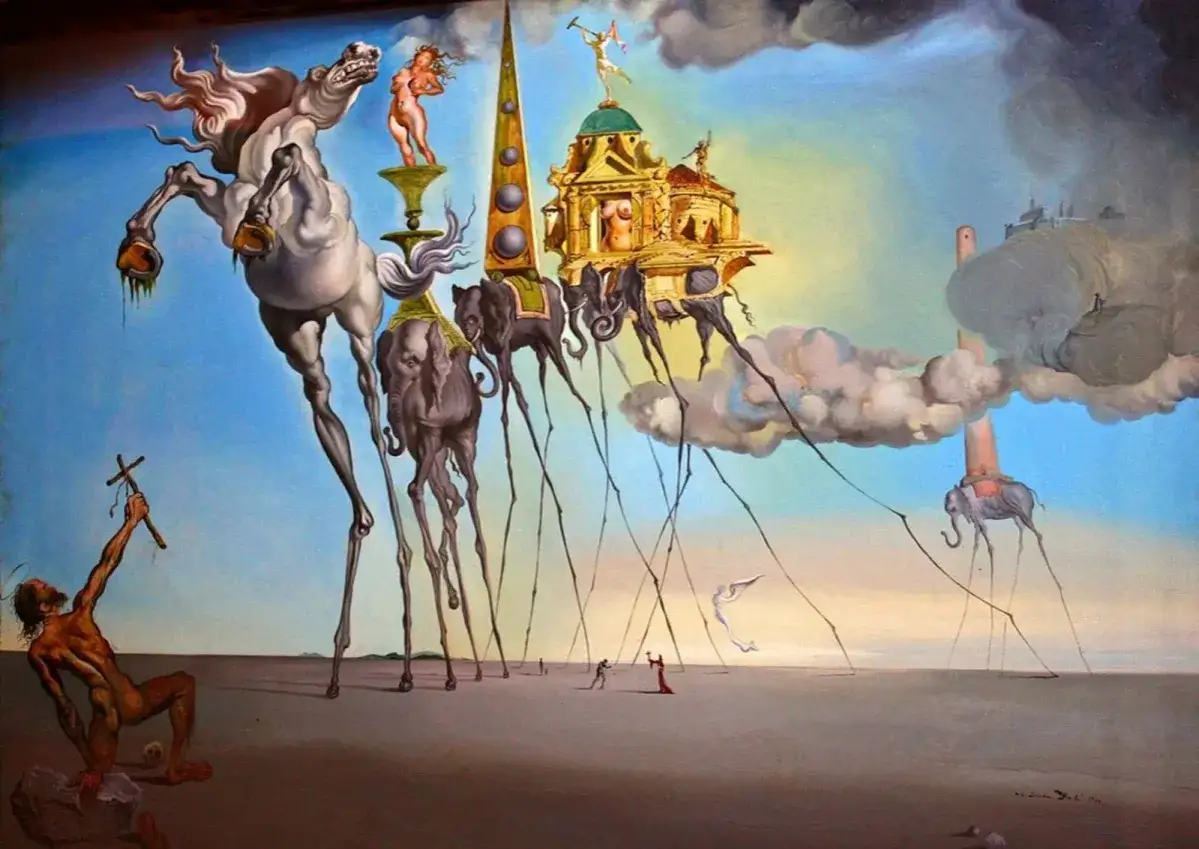 Surrealizm w pełnej krasie: koń na szczudłach, słonie z długimi nogami, budowle na chmurach i postać z krzyżem.