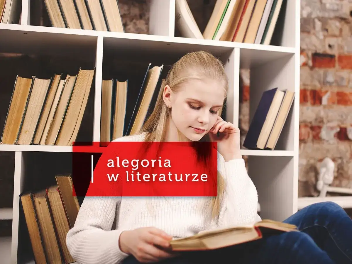 Dziewczynka zamyślona nad książką, otoczona regałami pełnymi literatury. To może być alegoria poszukiwania głębszego sensu, co to znaczy.