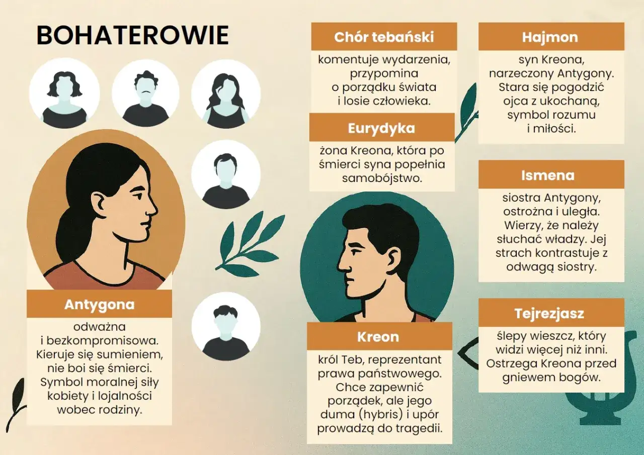 Ismena, siostra Antygony, jest ostrożna i uległa, wierzy w posłuszeństwo władzy, jej strach kontrastuje z odwagą siostry.