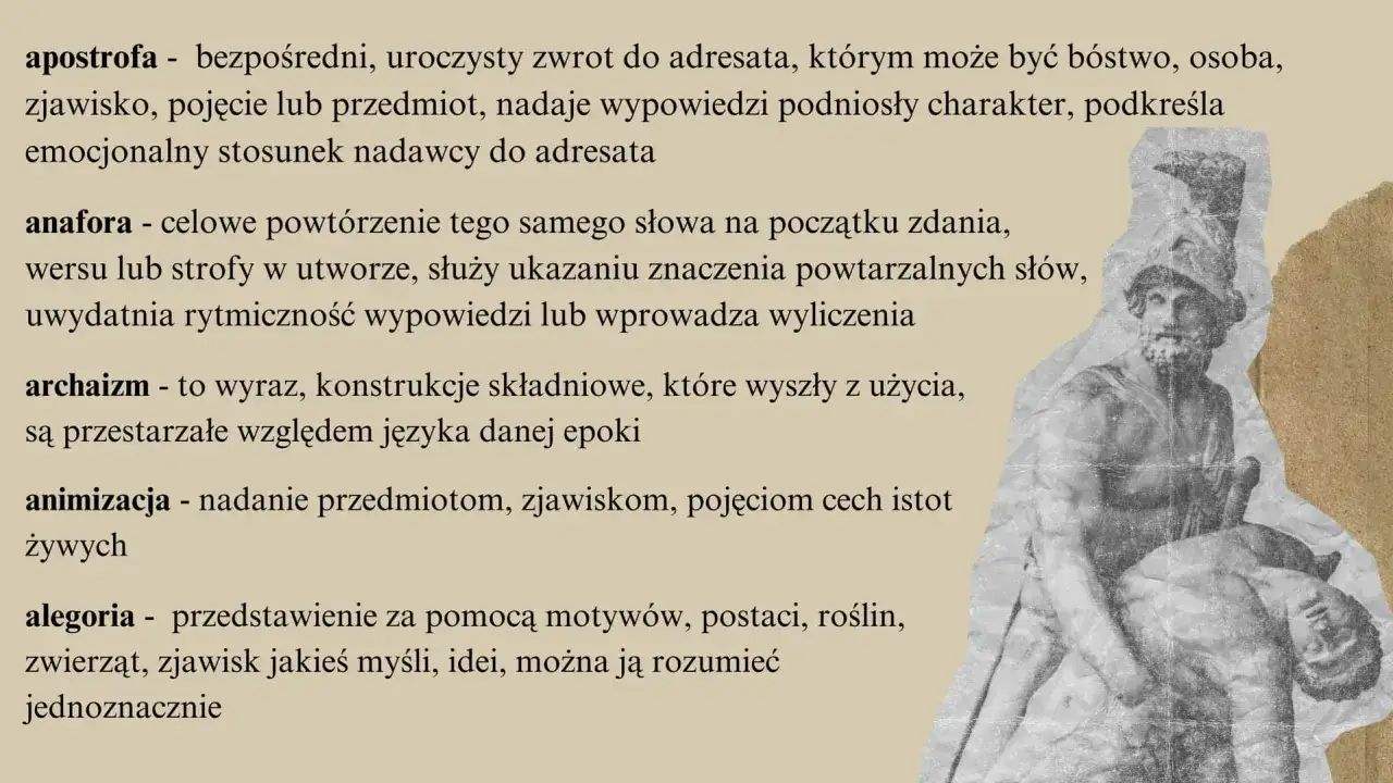 Tekst o apostrofie, anaforze, archaizmach, animizacji i alegorii. W tle rycina antycznego posągu.