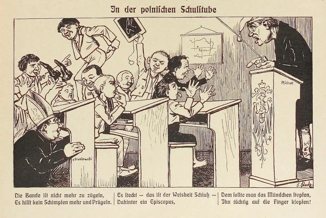 Zabawny pamflet z polskiej klasy. Uczniowie psocą, nauczyciel zły, a biskup patrzy.