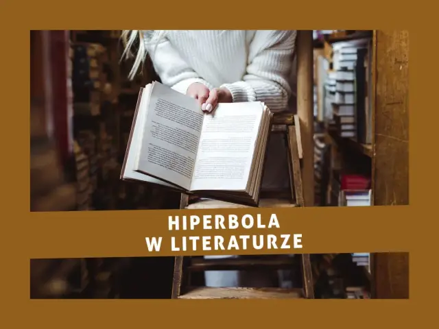 Otwarta księga w bibliotece, a na niej napis "Hiperbola w literaturze".